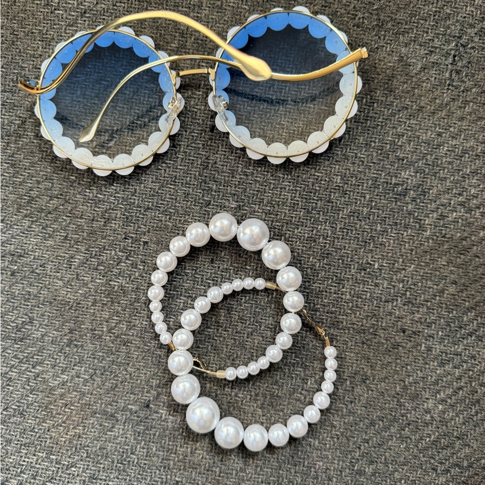 Pearl-Embellished Round Sunglasses and Earrings Set - Picture 4 of 5